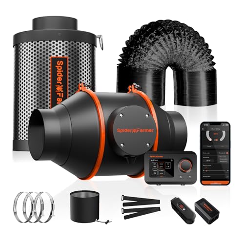 Spider Farmer Abluftset 100mm/4 Inch Rohrventilator mit GGS Temp Feucht Controller, WiFi App Steuerung, Aktivkohlefilter Schlauch Abluft Lüfter, Belüftungssystem Lüftungsset für Growzelt, Growbox von Spider Farmer
