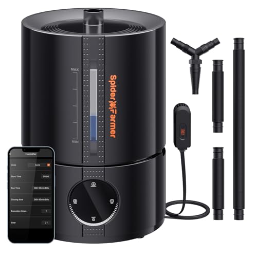 Spider Farmer Neuer 450ml/h Luftbefeuchter für Pflanzen Grow Zelt Schlafzimmer, GGS Smart Ultraschall Humidifier mit Hygrometer Automatische Befeuchtung Abschaltung Indoor Schwarz Klein 5L Top-fill von Spider Farmer