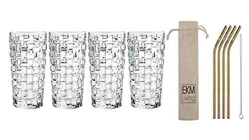 Spiegelau & Nachtmann, 4-teiliges Longdrink-Set, Kristallglas, 395 ml, Bossa Nova, 0092075-0 + 4er Set EKM Living Edelstahl Strohhalme Kupfer gebogen von Spiegelau & Nachtmann x EKM Living