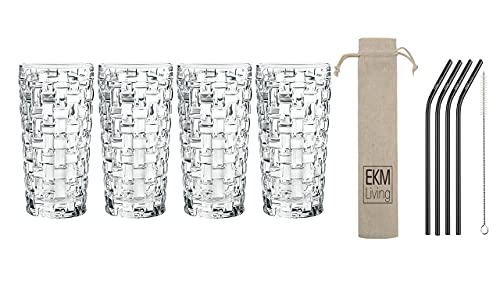 Spiegelau & Nachtmann, 4-teiliges Longdrink-Set, Kristallglas, 395 ml, Bossa Nova, 0092075-0 + 4er Set EKM Living Edelstahl Strohhalme schwarz gebogen von Spiegelau & Nachtmann x EKM Living