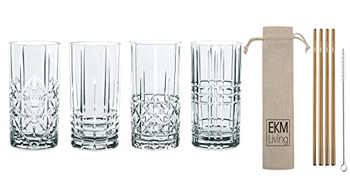 Spiegelau & Nachtmann, 4-teiliges Longdrink-Set, Kristallglas, 445 ml, Highland, 0097784-0 + 4er Set EKM Living Edelstahl Strohhalme Kupfer gerade von Spiegelau & Nachtmann x EKM Living