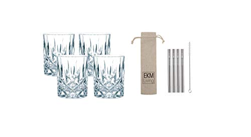 Spiegelau & Nachtmann, 4-teiliges Whisky/Longdrink-Set, Noblesse, 89207 + 4er Set EKM Living Edelstahl Strohhalme (Silber) von Spiegelau & Nachtmann x EKM Living