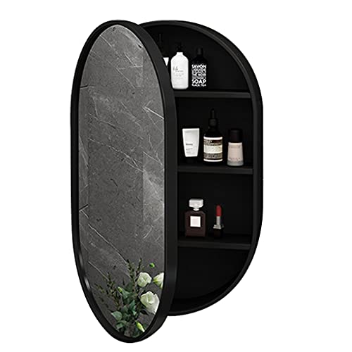 Ovaler Badezimmerspiegelschrank Aus Massivholz Wandspiegelschrank Badezimmerwandspiegel Mit Ablagefach (Color : Black, Size : 50x80x14cm) von Spiegelschränke