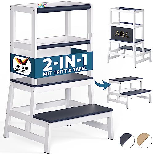 Spielwerk® Lernturm ab 2 Jahren Kinder mit Tafel Grau 100kg Belastbar 93cm Hoch Montessori Learning Tower Trittschemel Kiefer Lernstuhl 2in1 Tritthocker Küche von Spielwerk