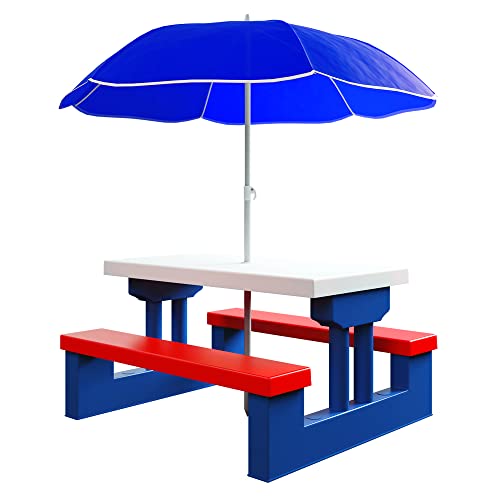 Spielwerk® Kindersitzgruppe Sonnenschirm Tisch Bänke UV Schutz Waschbar Abgerundete Ecken Indoor Outdoor Picknicktisch Kindertisch mit Stühlen Garten von Spielwerk
