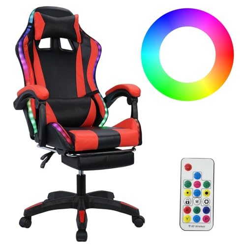 Gaming Stuhl mit Bluetooth-Lautsprechern und LED-Lichtern RGB, Massage Ergonomischer Computerstuhl mit Fußstütze und Lendenwirbelstütze, Höhenverstellbarer Gaming-Stuhl mit 360°-Schwenksitz und von SpirWoRchlan