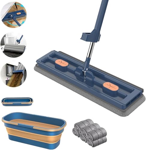 Großer flacher Wischmopp und Eimer Set, Bodenwischer zum Reinigen von Böden, 360° drehbarer Bodenreinigungsmopp mit 6 waschbaren Mikrofaser-Pads, Bodenwischer für Hartboden Trocken Nasswischer von SpirWoRchlan