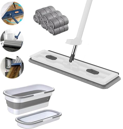 SpirWoRchlan Großer Flacher Wischmopp und Eimer Set, 360° drehbarer Bodenwischer mit 6 waschbaren Mikrofaser-Pads, für Hartboden Trocken Nasswischer von SpirWoRchlan