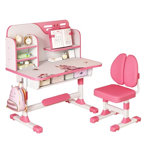 Kinderschreibtisch Set mit Bücherständer,Schülerschreibtisch, höhenverstellbarer Kindertisch und Stuhl mit Schublade,Kinder schreibtischstuhl,Kindertisch mit Stühle,Kindertisch mit Stauraum (Rosa B) von SpirWoRchlan