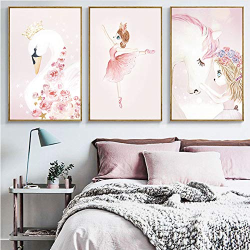 SpirWoRchlan 3er Set Kinderzimmer Poster Babyzimmer Ohne Bilderrahmen Mädchen Kinderposter Kunstdruck Babyzimmer Bilder Mädchen Deko Dekoration Kinderzimmer (Schwan, Karikatur Mädchen, Einhorn) von SpirWoRchlan