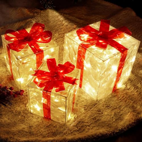 SpirWoRchlan Set mit 3 beleuchteten Geschenkboxen, LED-Weihnachtsdekorationen, Pakete, beleuchtete Geschenkboxen, Weihnachtsbaumschmuck, Innen- und Außenbereich, Weihnachts-Lichterkette, Dekoration, von SpirWoRchlan