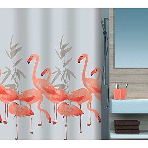 Spirella Anti-Schimmel Duschvorhang - Anti-Bakteriell, waschbar, wasserdicht, Polyester, „Flamingo“ 180x180cm von Spirella