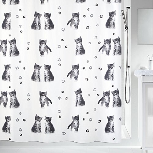 Spirella Anti-Schimmel Duschvorhang - Anti-Bakteriell, waschbar, wasserdicht, Polyester, „Katze“ 180x200cm Weiß Grün von Spirella