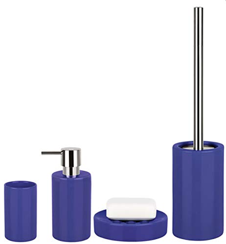 Spirella Badezimmer Set, 4-teiliges Badzubehör aus Porzellan Tube Seifenspender, Seifenschale, WC Bürste und Zahnputzbecher Blau von Spirella