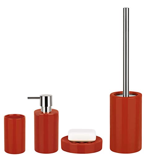 Spirella Badezimmer Set, 4-teiliges Badzubehör aus Porzellan Tube Seifenspender, Seifenschale, WC Bürste und Zahnputzbecher Rot von Spirella