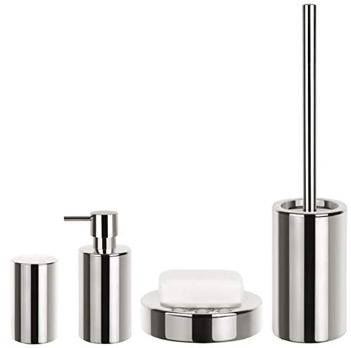 Spirella Badezimmer Set, 4-teiliges Badzubehör aus Porzellan Tube Seifenspender, Seifenschale, WC Bürste und Zahnputzbecher Silber von Spirella