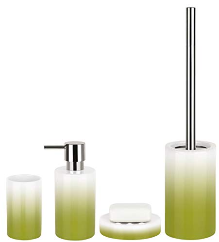 Spirella Badezimmer Set, 4-teiliges Badzubehör aus Porzellan Tube Seifenspender, Seifenschale, WC Bürste und Zahnputzbecher Weiß/Grün von Spirella