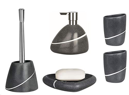 Spirella Badezimmer Set, 5-teiliges Badzubehör aus Keramik Etna Seifenspender, WC Bürste, Seifenschale, Aufbewahrungsdose und Zahnputzbecher Grau Stone von Spirella