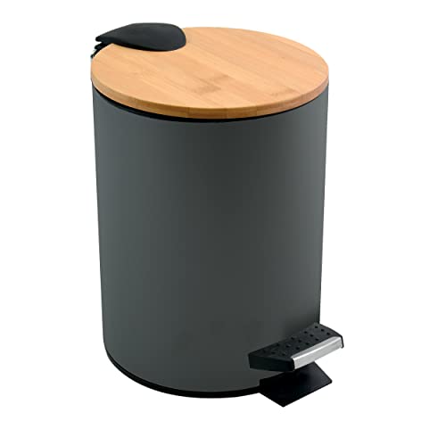 Spirella Kosmetikeimer 5 Liter Edelstahl Bambus mit Absenkautomatik und Inneneimer Adonis Badezimmer Mülleimer Softclose Abfalleimer Anthrazit, Gray, 5 litres von Spirella