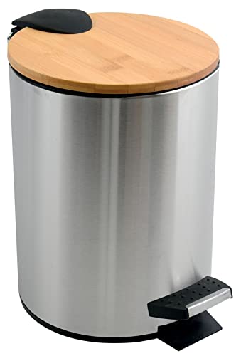 Spirella Kosmetikeimer 5 Liter Edelstahl Bambus mit Absenkautomatik und Inneneimer Adonis Badezimmer Mülleimer Softclose Abfalleimer Silber, Chrom von Spirella
