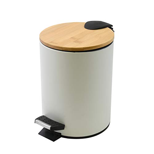 Spirella Eimer Fußpedal Kosmetikeimer 5 Liter Edelstahl Bambus mit Absenkautomatik und Inneneimer Adonis Badezimmer Mülleimer Softclose Abfalleimer Weiß, Noir Mat von Spirella