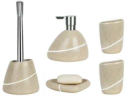 spirella Badezimmer Set, 5-teiliges Badzubehör aus Keramik Etna Seifenspender, WC Bürste, Seifenschale, Aufbewahrungsdose und Zahnputzbecher Sand Beige Stone von Spirella