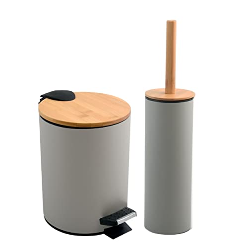 Spirella Badset Adonis 2 tlg. Kosmetikeimer 5 Liter mit Absenkautomatik und WC Bürste Edelstahl Bambus mit Silikonbürste Taupe von Spirella