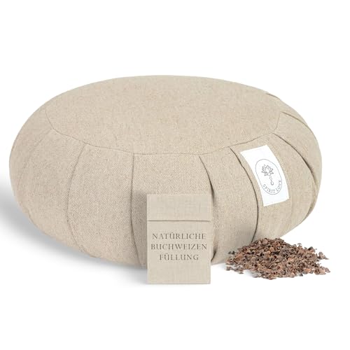 Yogakissen Zafu Mit Bio-Buchweizenschalen | Meditationskissen Mit Trageschlaufe | Waschbarer Bezug aus Leinenstoff | Sitzkissen Perfekt für bequemes und Sanftes Yoga | 100% Natürlich - 35x13cm Zafu von Spirit Love