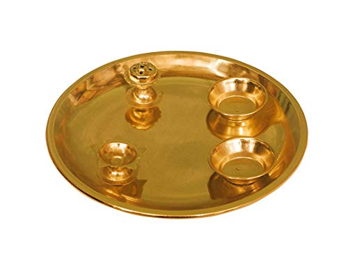 Spiritual World Gold Plated Pooja Thali (130 Grams) with Diya, Agardan, 2 Small Bowls for Roli chawal D- 20.5 cms by von Spiritual World