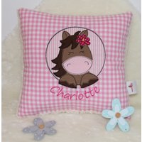 Niedliches Pferdchen Button & Namen - Personalisierte Kissen, Kindergarten, Geschenk Zur Geburt, Kissen Mit Namen, Namenskissen von SpitzbubenKids
