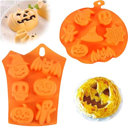 2 Stück Halloween Kürbis Silikon Backform, Schokoladenform Cupcake Keks Molds, für DIY Fledermaus Bonbons, Kürbis Gesicht Gelee, Schädel Bonbons, Schokolade, Eiswürfel, Kuchen Dekoration von Spldsun