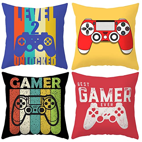 4 Stück Gaming Kissenbezug, Spielen Spieler Kissenbezug, Videospiel Kissenbezüge, für Dekoration von Videospielen Mottopartys, Sofas, Halloween, Weihnachten (45x45, 4 Stile) von Spldsun