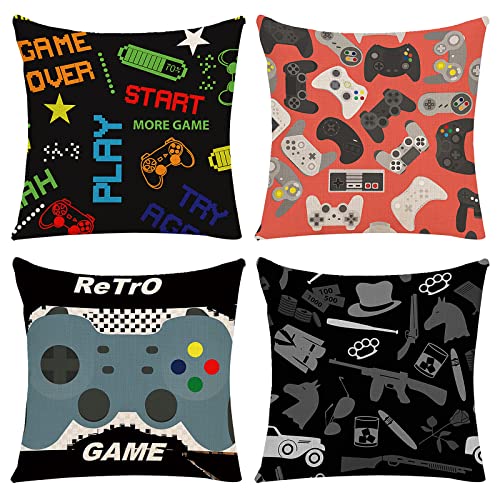 4 Stück Gaming Kissenbezug, Spielen Spieler Kissenbezug, Videospiel Kissenbezüge, für Dekoration von Videospielen Mottopartys, Sofas, Halloween, Weihnachten (45x45, 4 Stile) von Spldsun