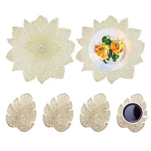 Spldsun Set of 6 Tischset Rund und Untersetzer, Ausgehöhlte Runde Tischsets, Leaf Untersetzer, Platzset Rund PVC, für rutschfeste, Kratzfeste, Dekorative Tische (Gold) von Spldsun