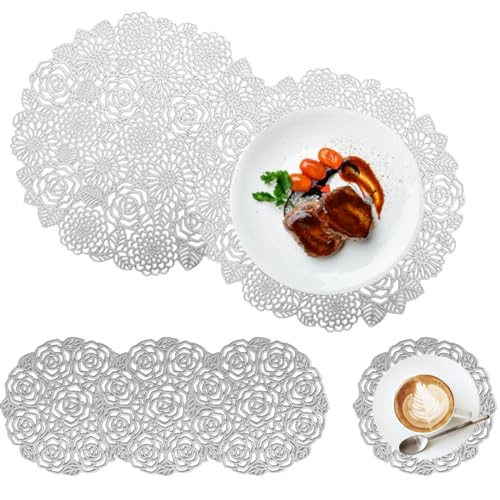 Spldsun Set von 6 PVC Tischset Rund und Untersetzer - Silber Hohle Platzset für Rutschfeste, Kratzfeste, Dekorative Tische von Spldsun