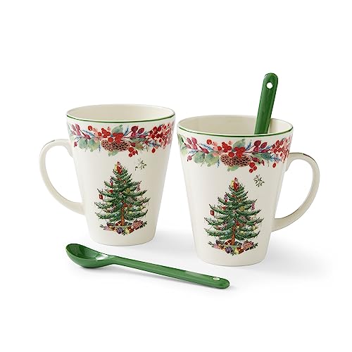 Spode 4-teiliges Set aus Tasse und Löffel, Motiv: Weihnachtsbaum 2023, mikrowellen- und spülmaschinenfest, niedliche Kaffeetassen, Porzellan-Kaffeetasse und Löffel, 370 ml von Spode