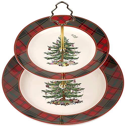 Spode - Christmas Tree Collection – Tartan 2-stöckiger Server – obere Platte 20,3 cm untere Platte 25,4 cm – spülmaschinen-, mikrowellen- und gefriergeeignet von Spode