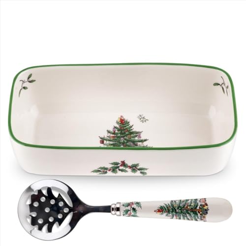 Spode Cranberry-Saucen-Servierschale mit Schlitzlöffel (20,3 x 10,8 cm) – rechteckiger Feiertagsserver mit Urlaubsmotiv – spülmaschinen-, mikrowellen-, gefriergeeignetes Serviergeschirr für von Spode
