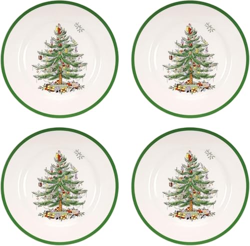 Spode Speiseteller Weihnachtsbaum 26,7 cm (4 Stück) – Festlicher Feiertagsteller aus Steinzeug mit Weihnachtsbaum und grünen Rändern, mikrowellen-, spülmaschinen-, gefrier- und ofenfest – von Spode