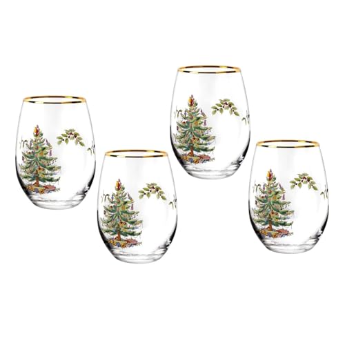 Spode Weihnachtsbaum-Glaswaren – Set mit 4 – aus Glas – Goldrand – klassisches Trinkgeschirr – Geschenk für Weihnachten, Feiertage oder Hochzeit – Trinkgläser (Weingläser ohne Stiel) von Spode