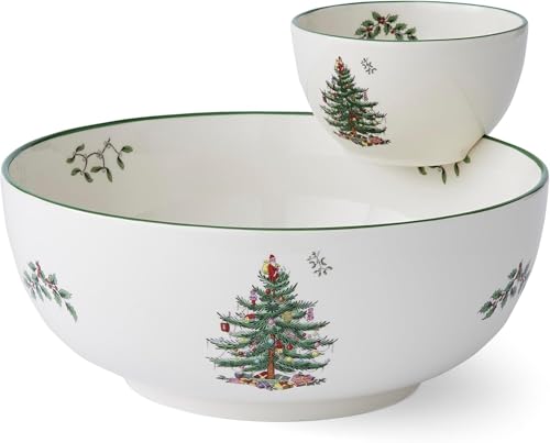 Spode Weihnachtsbaum-gestuftes Chip- und Dip-Servierset – festliches 2-teiliges Set für den Urlaub und zum Servieren von Snacks – kultiges Weihnachtsbaummotiv – Porzellan – von Spode