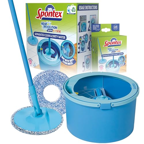 Spontex Aqua Revolution System X'tra Bodenwischer und Eimer Set | trennt sauberes und schmutziges Wasser | reinigt Laminat, Holz- und Fliesenböden | Flacher Spin Mop mit 2 x von Spontex