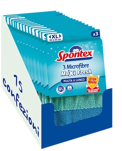 Spontex Microfibre Maxi Fresh x3, 3 Mehrzweck-Tücher aus 100% Mikrofaser, antibakterielle Behandlung zur Verhinderung der Geruchsbildung x 15 Packs von Spontex