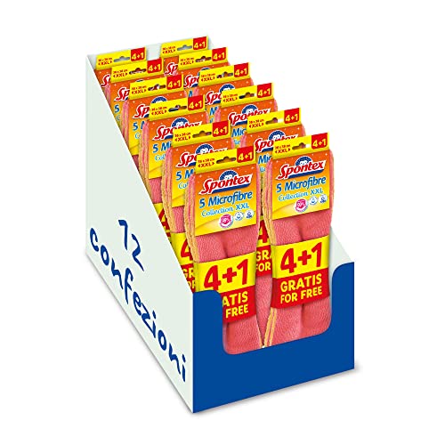 Spontex Mikrofaser XXL 4+1, Fünf Mehrzwecktücher aus Mikrofaser Textil im Bequemlichkeitsformat 4+1 gratis, saugfähig und effektiv auch nur mit Wasser, bunt, Karton mit 12 Packungen von Spontex