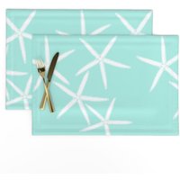 Aqua Nautical Tischsets 2Er Set - Seestern Leben Im Ozean Moderne Strand Weißer Auf Meer Von Hnldesigns von SpoonflowerHome