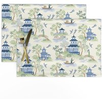 Chinoiserie Tischsets 2Er Set - Pagode Asiatisch Inspirierte Toile Landschaft Traditionelle Stoff By Barbarapixton von SpoonflowerHome