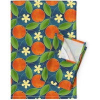 Geschirrtücher | 2Er Set - Orangen Blau Von Siya Blüten Obst Blätter Blumen Floral Leinen Baumwolle Spoonflower von SpoonflowerHome