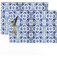 Indigo Quatrefoil Tischset | 2Er-Set - Fliesen Von Michellematis Blaue Marrakesch Stoff Tischsets Spoonflower von SpoonflowerHome