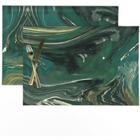 Marmor Tischsets 2Er Set - Abstrakte Wirbel Farbe Aquarell Grün Stoff Vivart_Halva_Forest_18x36_Gold By Vivsfabloumess Marmor Tischsets 2Er Set - Abstrakte Wirbel Farbe Aquarell Grün Stoff Vivart_Halva_Forest_18x36_Gold By Vivsfabloumess von SpoonflowerHome