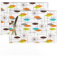 Mid Century Modern Tischsets 2Er Set - Space Age Abstrakt Atomic Retro 1950Er Jahre Braun Orange Teal Stoff Orbs 7 By Tonyewton von SpoonflowerHome